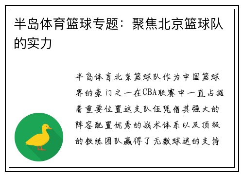半岛体育篮球专题：聚焦北京篮球队的实力