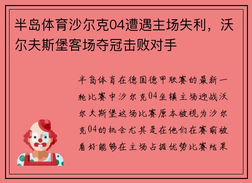 半岛体育沙尔克04遭遇主场失利，沃尔夫斯堡客场夺冠击败对手