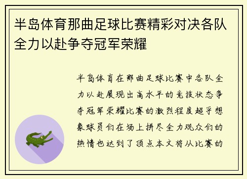 半岛体育那曲足球比赛精彩对决各队全力以赴争夺冠军荣耀