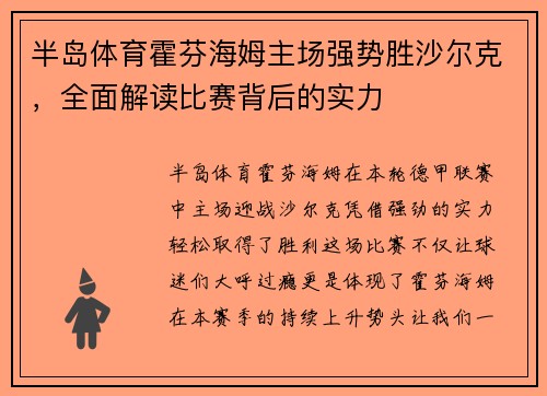 半岛体育霍芬海姆主场强势胜沙尔克，全面解读比赛背后的实力