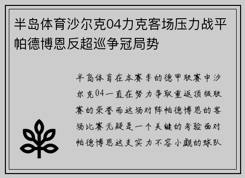 半岛体育沙尔克04力克客场压力战平帕德博恩反超巡争冠局势