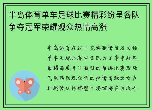 半岛体育单车足球比赛精彩纷呈各队争夺冠军荣耀观众热情高涨