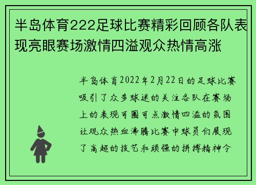 半岛体育222足球比赛精彩回顾各队表现亮眼赛场激情四溢观众热情高涨